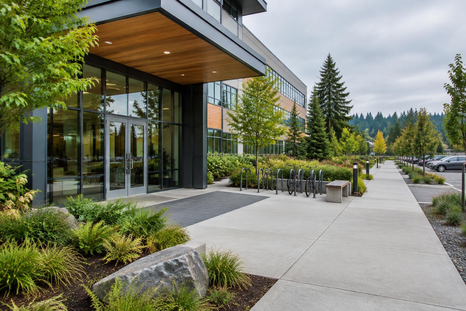 Illustrative commercial campus entrance and pedestrian walkway; not a Client property