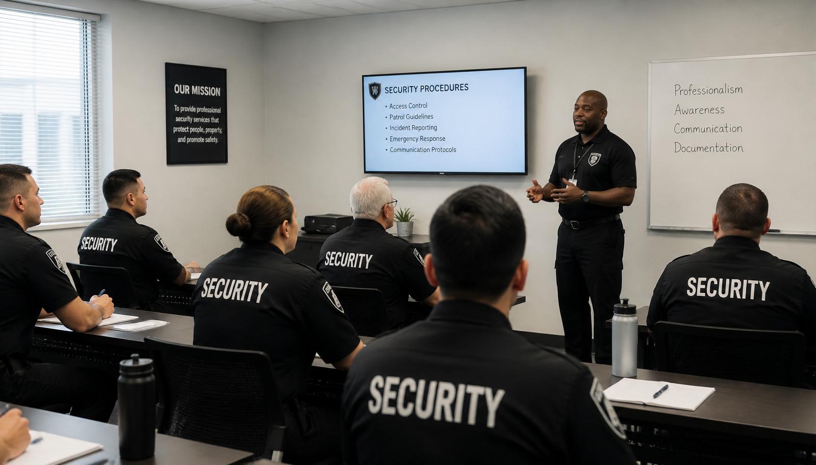 Diligence Security Officers in an Officer Integration Program classroom session covering verbal de-escalation