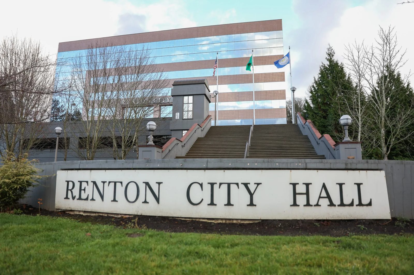Exterior of Renton City Hall, representing a central location within a service area for Diligence Security On-site Security Officers and Patrol Services.