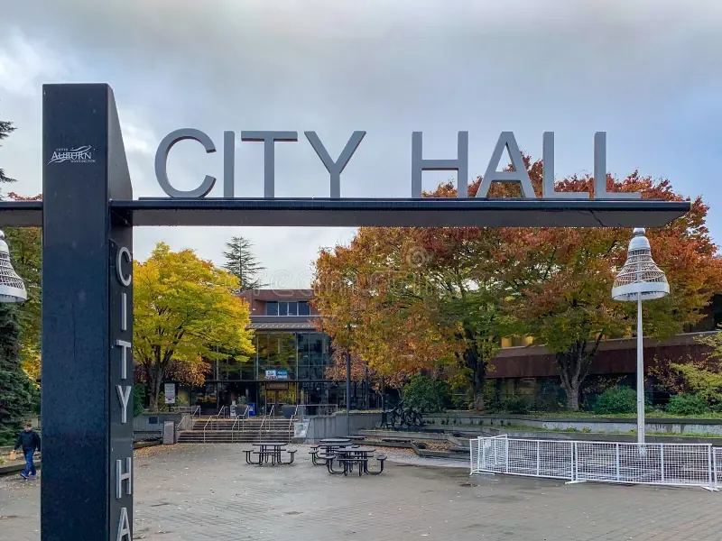 The front entrance of Auburn City Hall, highlighting a key location for Diligence Security On-site Security Officers and Patrol Services in the City of Auburn.