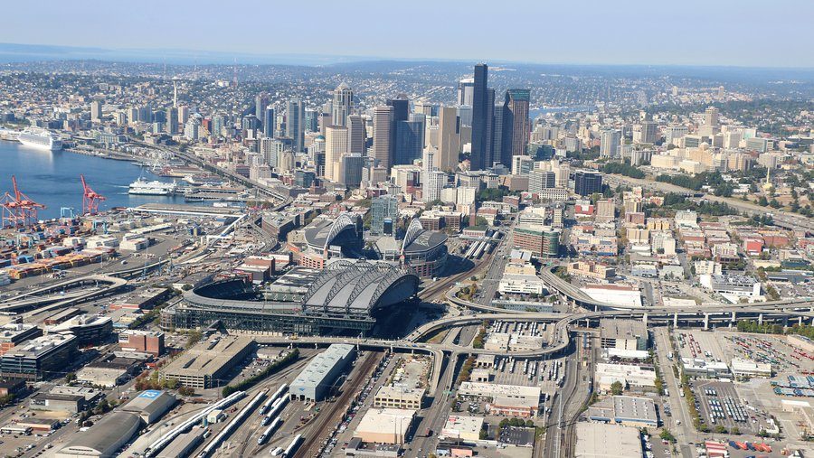 An aerial view over the SODO industrial district in Seattle showing Port of Seattle terminals within the Diligence Security patrol area
