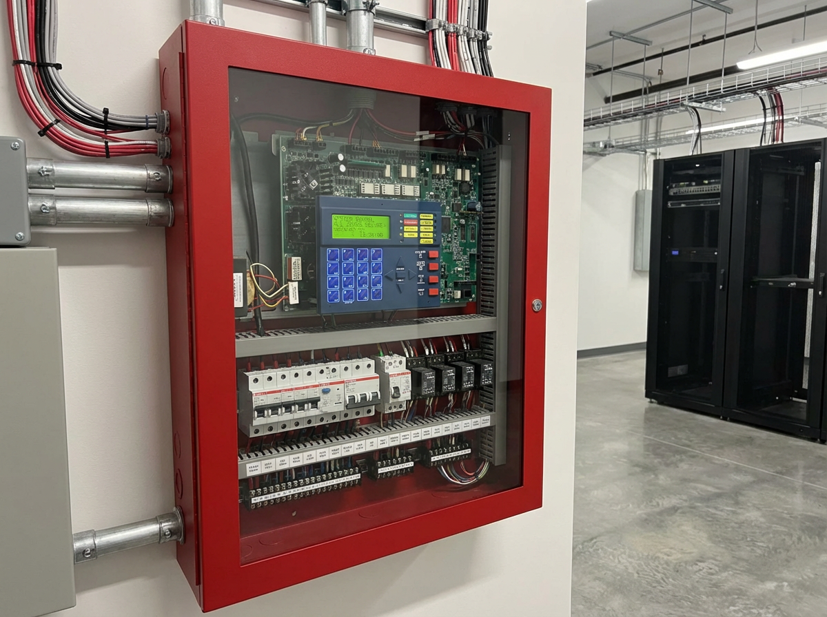 A fire control panel showing a system impairment, triggering the legal requirement for disciplined Fire Watch services from Diligence Security