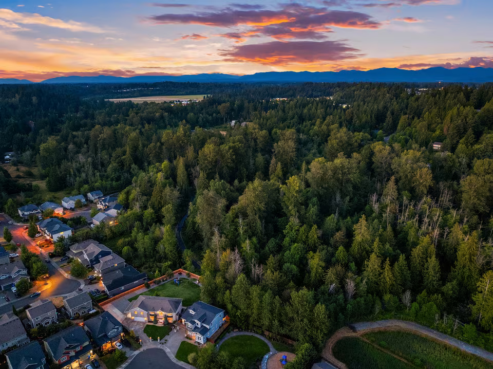An aerial view of a wooded residential neighborhood in Bonney Lake, representing an area served by Diligence Security Patrol Services and On-site Security Officers.