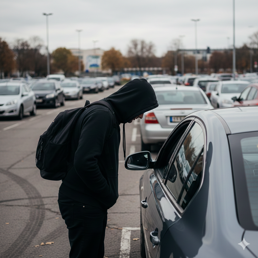 A suspicious individual looking into vehicles, illustrating the need for disciplined Mobile Patrols to prevent winter vehicle prowling