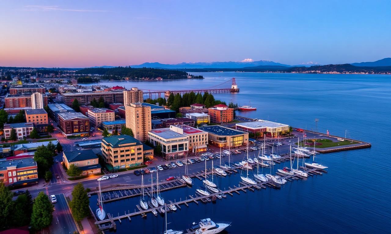 Aerial view of the downtown Kirkland waterfront and marina on Lake Washington at dusk, a key Eastside emergency-response service area for Diligence Security.